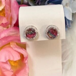 Multi Colored Tourmaline Gemstone Stud Earrings With Halo Pave CZ Setting NEW